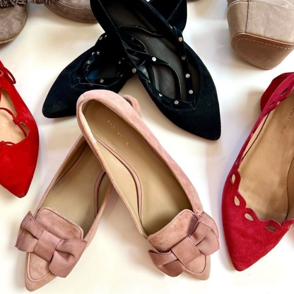 Ann Taylor Classic Preppy Pale Pink Suede Leather Pointed Toe Bow Flats Loafers - Picture 2 of 3